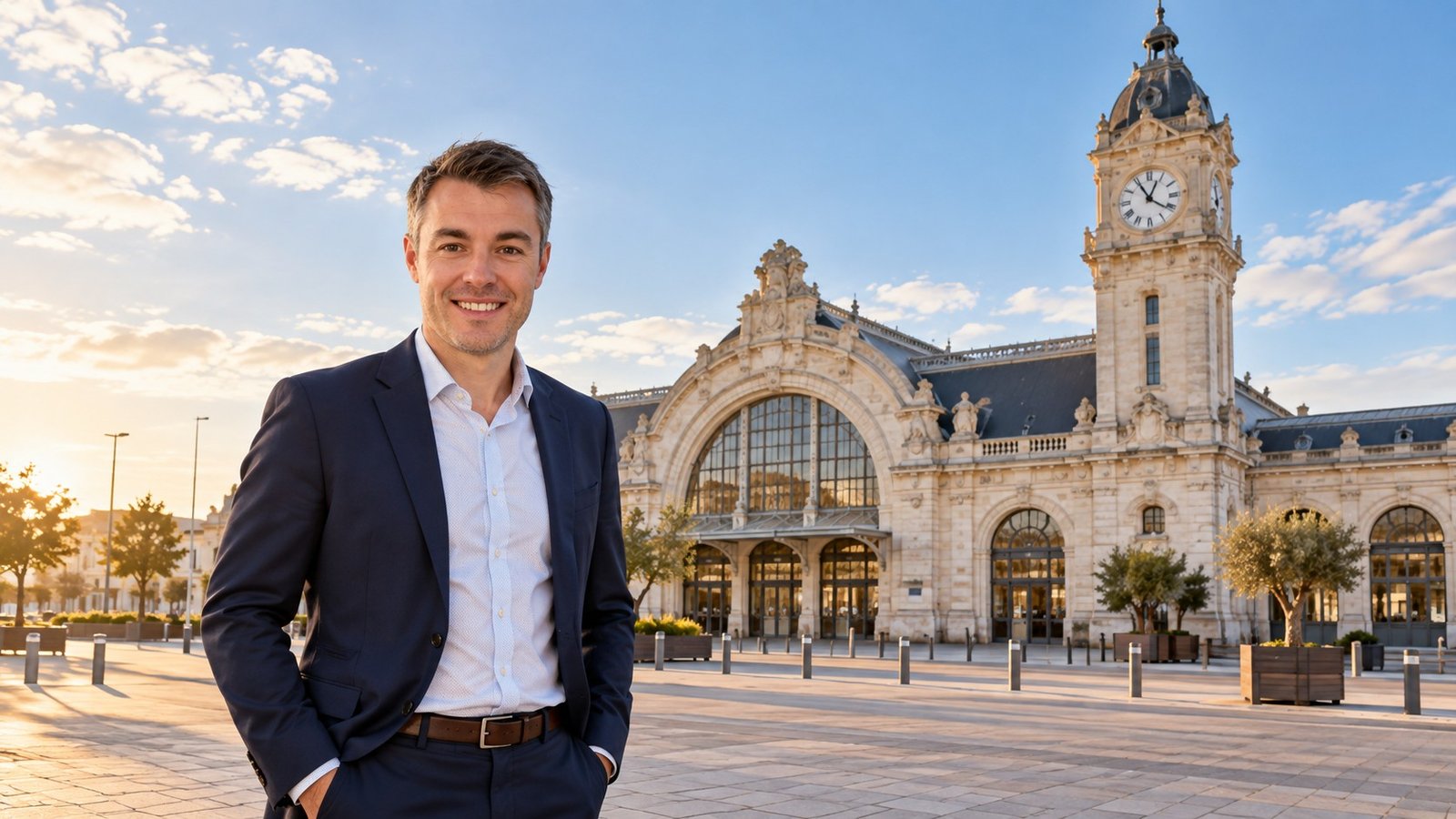 Sven Lamour devant la gare de La Rochelle, conseiller immobilier iad France